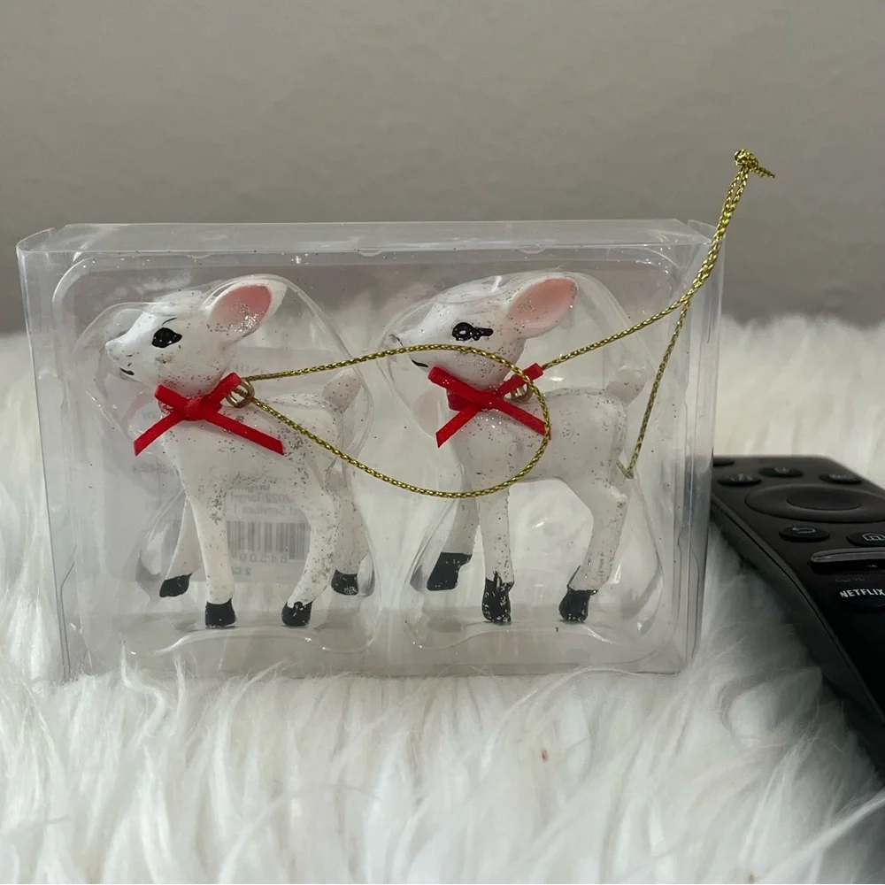 Retro Small Deer Christmas Tree Ornament Set White - Set of 2
